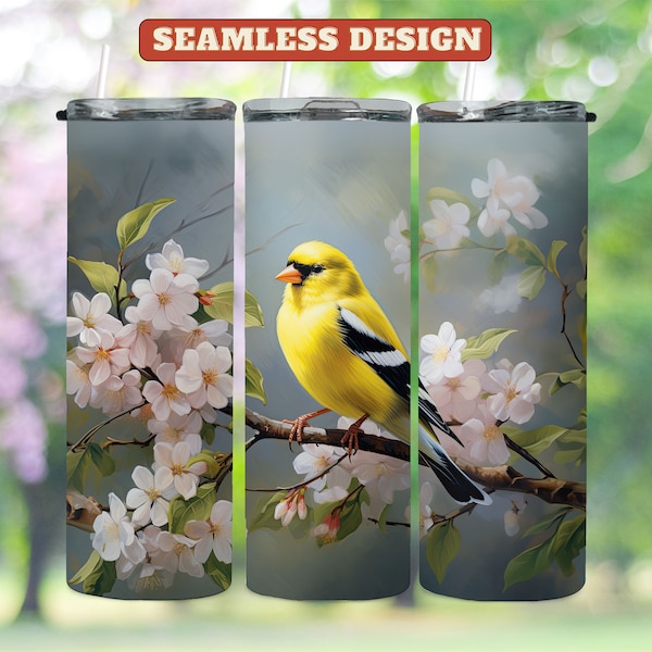 American Goldfinch Seamless 20 oz Tumbler Wrap, Skinny Tumbler Sublimination Design, Straight & Tapered Wrap, Instant Digital Download PNG