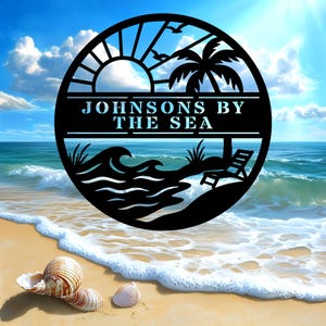 Personalized Beach House Metal Sign – Custom Family Name Sign with Ocean Sunrise & Palm Trees