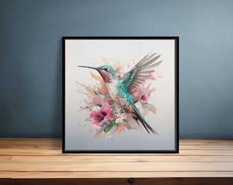 Hummingbird Wall Art-Vibrant Watercolor Bird and Floral Canvas Print|Nature-Inspired Boho Decor|Tropical Wildlife Artwork for Home or Office