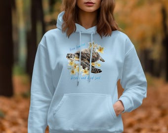 Sea Turtle Hoodie, Honu Aumakua Design, Tropical Flower Hoodie, Hawaiian Hoodie, Wisdom and Good Luck Hoodie, Men Women Unisex Pullover