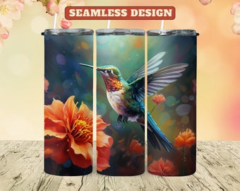 Hummingbird & Floral Design 20 oz Skinny and Tapered Tumbler Wrap, Colorful Vibrant Nectar, Digital Download