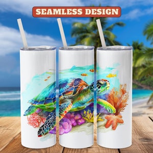 Sea Turtle Beach Tumbler Wrap, 20 oz Seamless, Straight & Tapered Skinny Tumbler PNG, Turtle Tumbler Design, Sublimation, Digital Download