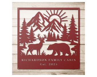 Personalized Cabin Metal Sign – Custom Wildlife Name Sign with Deer, Trees & Mountains