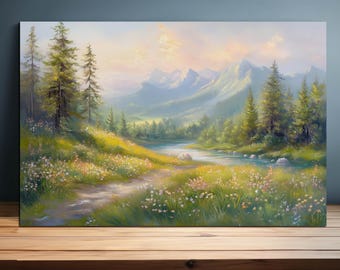 Arte mural con paisaje de pradera de montaña: río tranquilo y sendero de flores silvestres, decoración rústica de cabaña y albergue inspirada en la naturaleza, escena de montaña serena