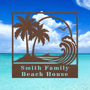 Personalized Beach House Metal Sign – Custom Coastal Family Name Sign with Palm Trees and Ocean Waves (Multiple Sizes)