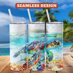 Underwater Turtle Tumbler Wrap - 20 oz Seamless, Straight & Tapered – Watercolor Ocean Art Design – Skinny Tumbler – Digital Download