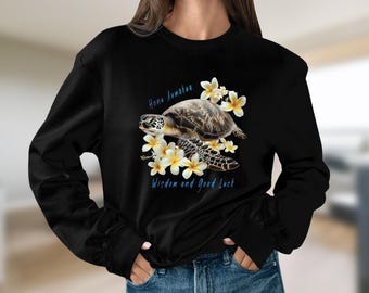 Sea Turtle Sweatshirt, Hawaiian Honu Aumakua Art, Wisdom and Good Luck, Turtle and Plumeria Flowers, Ocean Lover Gift, Gift for Surfers