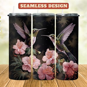 Kolibries en hibiscus naadloos 20 oz mager en taps toelopende beker wrap ontwerp, Midnight Garden, instant digitale download