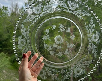 Vintage Etched Glass Serving Platter 14.5”, Floral Beaded Edge Plate, Cottagecore Table Decor, Wedding Serving Tray