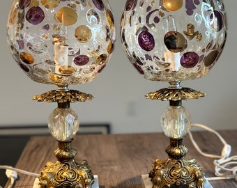Vintage Mid Century Paar Boho Tischlampen Globe Lampen mit Messing Hollywood Regency 1960 Crystal Globe Optic Coin Dot Glob Lamp