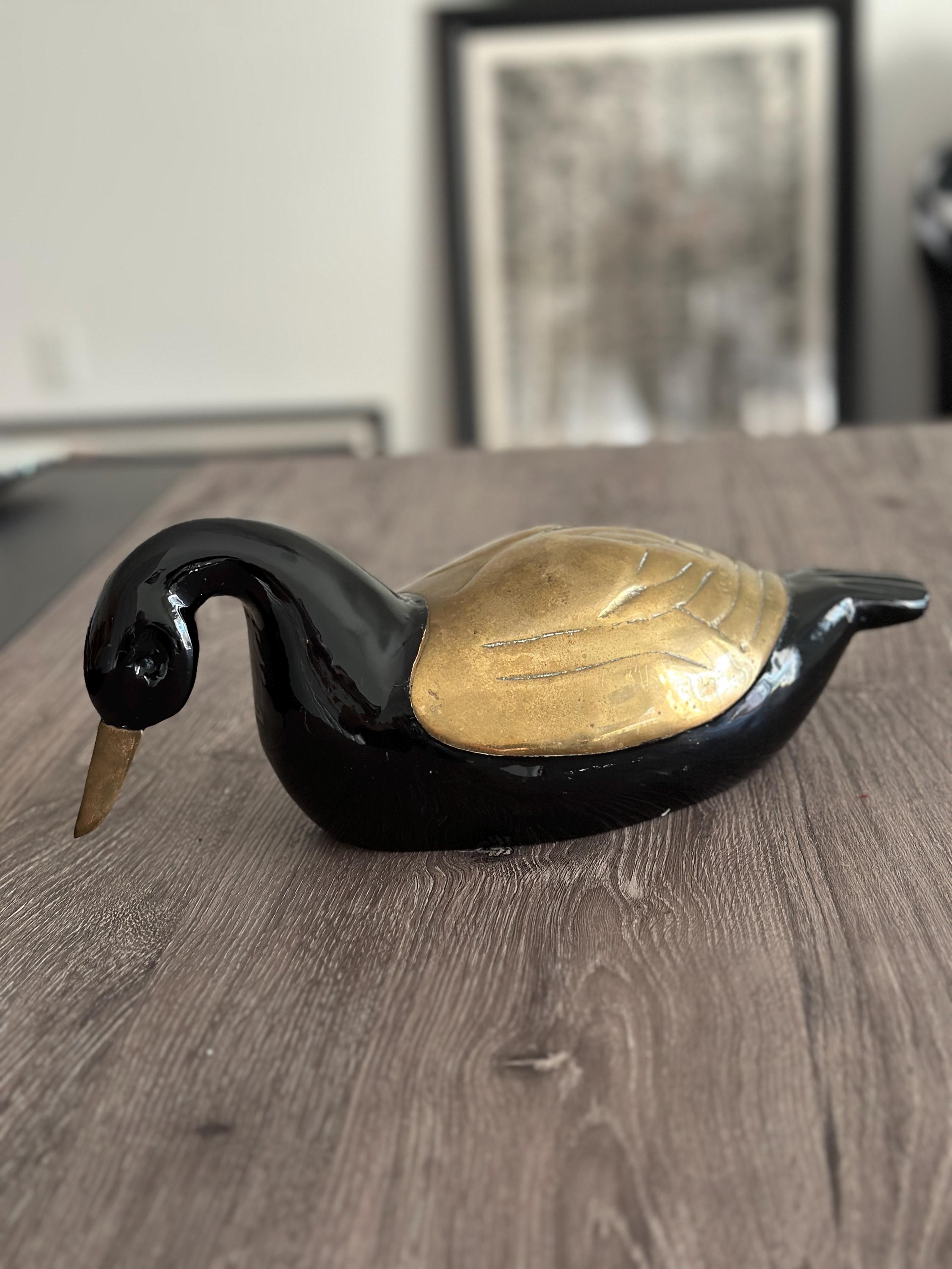 Holz Messing Ente Decoy Skulptur Schwarz Lack Gold Metall Flügel Bill Art Deco MCM