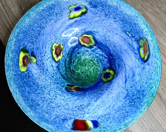 Blue Vintage Art Glass Bowl Big Millefiori  Hand Blown Art Glass Bowl Paperweight Multicolour Art Glass Serving Large Blue Yellow Bowl hh