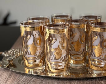 Mid Century HTF Fred Press Weiß Troja Highball Gläser 22k Set mit 8 signierten Vintage Rare Fred Press Horses 8 Gläser 1960er Jahre Barware Gold