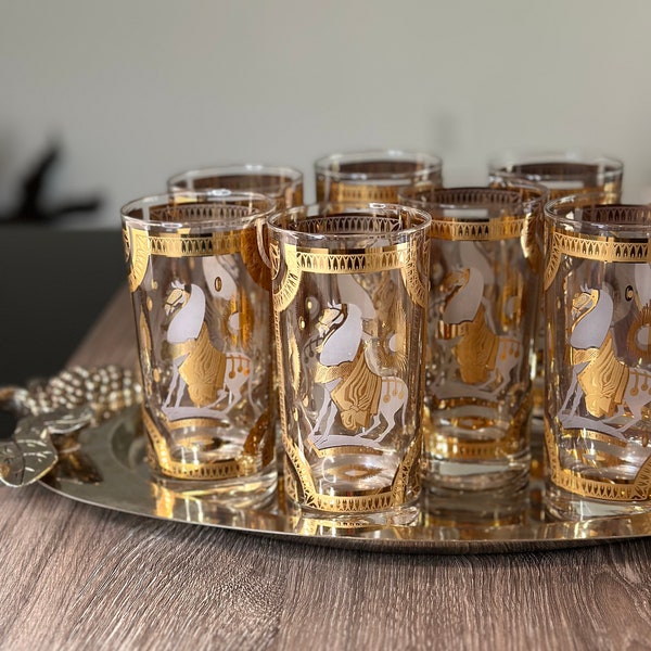 Mid Century HTF Fred Press White Trojan Highball Glasses 22k Set of 8 Signed Vintage Rare Fred Press Horses 8 Glasses 1960s Barware Gold