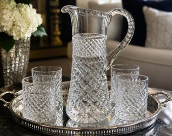 Vintage zwaar geslepen kristallen kan met diamantpatroon loodkristallen waterkan Elegant bargerei
