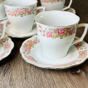 Set of 5 Allied Design Vintage Saucers and Cups pink flowers