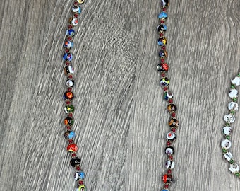 Vintage Gold tone Venetian Murano Millefiori Red Green Blue Glass Knotted Necklace 23 inches