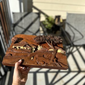 Asian 3D Hand Carved Whittled Figural Wooden Plaque Picture  Trees brown