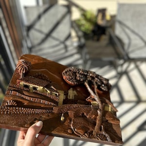 Asian 3D Hand Carved Whittled Figural Wooden Plaque Picture  Trees