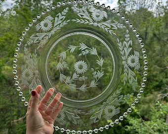 Vintage Etched Glass Serving Platter 14.5”, Floral Beaded Edge Plate, Cottagecore Table Decor,Big Wedding Serving Tray
