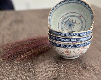 Set of 4 Vintage Zhongguo Jingdezhen Rice Porcelain Bowl. Rice Eye Grain China Gold Lotus Flower. Vintage Chinese Porcelain Bowl.