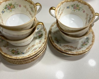 Vintage Noritake Hand-Painted Tea Cups and Saucers Set