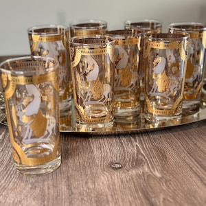 Juego de 8 vasos de whisky alto Fred Press Trojan blancos de mediados de siglo, HTF, 22 quilates, firmados, vintage, raros, Fred Press Horses, 8 vasos, años 60, artículos de bar dorados