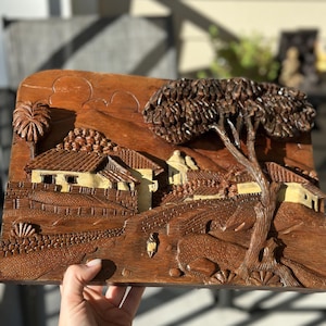 Asian 3D Hand Carved Whittled Figural Wooden Plaque Picture  Trees
