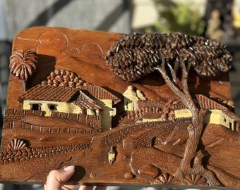 Asian 3D Hand Carved Whittled Figural Wooden Plaque Picture  Trees
