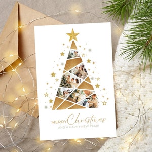 Modelo de cartão de foto de Natal, modelo de colagem de fotos de Natal, cartão de Natal com foto para impressão, cartão de Feliz Natal editável e minimalista.