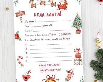 May include: A Christmas-themed letter to Santa Claus, decorated with festive illustrations of reindeer, Santa, and Christmas ornaments. The letter has spaces to fill in personal details and a wish list. The text includes "Dear Santa!" and "Merry Christmas!"
