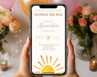 First Trip Around the Sun Birthday Invitation, Mobile Phone Digital Invitation, First Birthday invite, 1st Birthday Invite