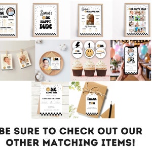 May include: A set of printable party decorations for a first birthday party. The decorations feature a black and white checkered pattern with a yellow smiley face and the text "One Happy Dude".