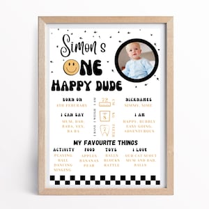 Poster One Happy Dude, stats One Happy Dude Birthday, Une année heureuse, signe photo pour le premier anniversaire des garçons, imprimable pour la première année de bébé