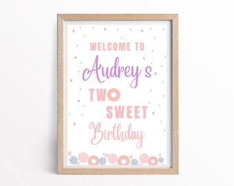 Two Sweet Birthday sign Welcome Sign Editable Poster Candy Sweets Birthday Sign Printable Two Sweet Birthday Decoration board Poster