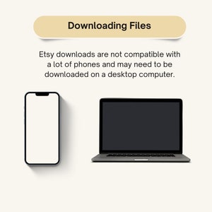 May include: An image with the text "Downloading Files" at the top. Below the text is a message about Etsy downloads. A smartphone and a laptop are shown side by side, illustrating the message.