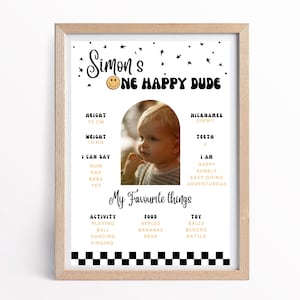 Statistiques du joyeux anniversaire d'un mec, affiche photo marquante, enseigne imprimable One Happy Year, première année de bébé, anniversaire de garçons modifiable sur Canva