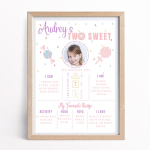 Two Sweet Birthday Stats, Milestone Board Poster Candy Sweets Birthday Sign Printable Editable Two Sweet Birthday Decorations Girls Birthday