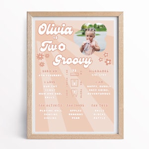 Two Groovy Birthday stats, Milestone Poster Two Groovy Birthday Sign Printable Two Groovy Birthday Decorations Girls second birthday
