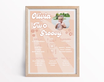 Two Groovy Birthday stats, Milestone Poster Two Groovy Birthday Sign Printable Two Groovy Birthday Decorations Girls second birthday