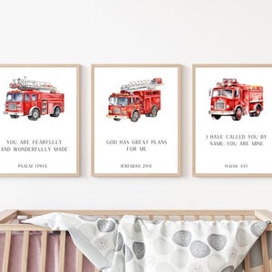 Boys Christian Nursery Firetruck Scripture Wall Art, Christian Baby Kids Bible Verse Print, Nursery Decor, Kids Printable Vehicle Poster