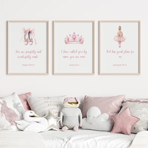 May include: Three framed prints with watercolor illustrations and inspirational quotes. The prints feature ballet shoes, a crown, and a ballerina. The text includes "You are fearfully and wonderfully made," "I have called you by name," and "God has great plans for me."