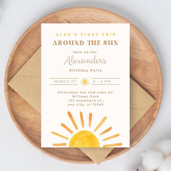 First Trip Around the Sun Birthday Invitation, Printable Digital Invitation, Editable First Birthday invite, 1st Birthday Invite