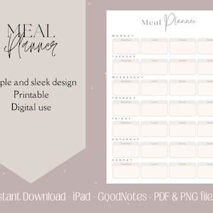 Meal Planner Digital Download, Printable Meal Planner, iPad Meal Planner, GoodNotes Meal Planner, Simple Minimalist Planner