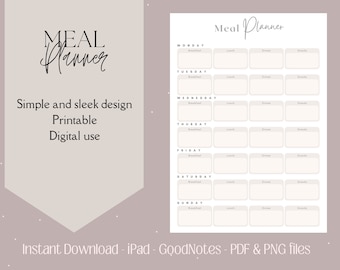 Meal Planner Digital Download, Printable Meal Planner, iPad Meal Planner, GoodNotes Meal Planner, Simple Minimalist Planner
