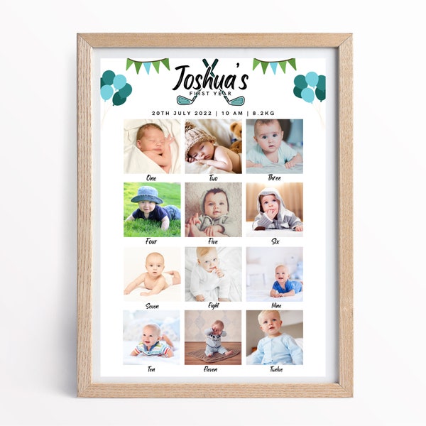 Hole in One Golf Photo Collage Poster, Editable boys Birthday 12 month photos
