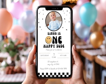 One Happy Dude Mobile Invite | One Happy Dude Editable Smiley face birthday | Mobile Phone invitation | Boys first birthday invitation