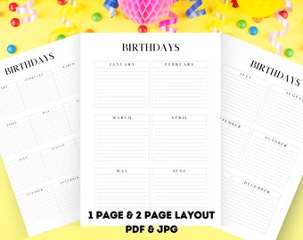 Printable Birthday tracker template, Birthday reminder printable, Digital Birthday calendar PDF, Printable Birthday organizer