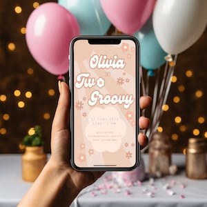 Zwei Groovy Handy-Einladung zum Geburtstag | Bearbeitbar Retro Zweiter Geburtstag Einladen | Digital Zwei Groovy einladen |