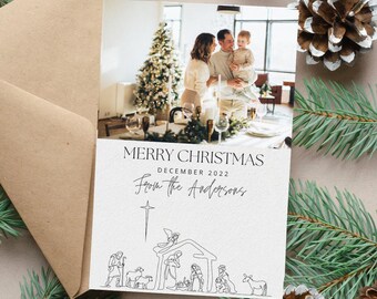 Editable 5x7 Modern Christian Nativity Christmas Photo Card - Minimalist Religious Design